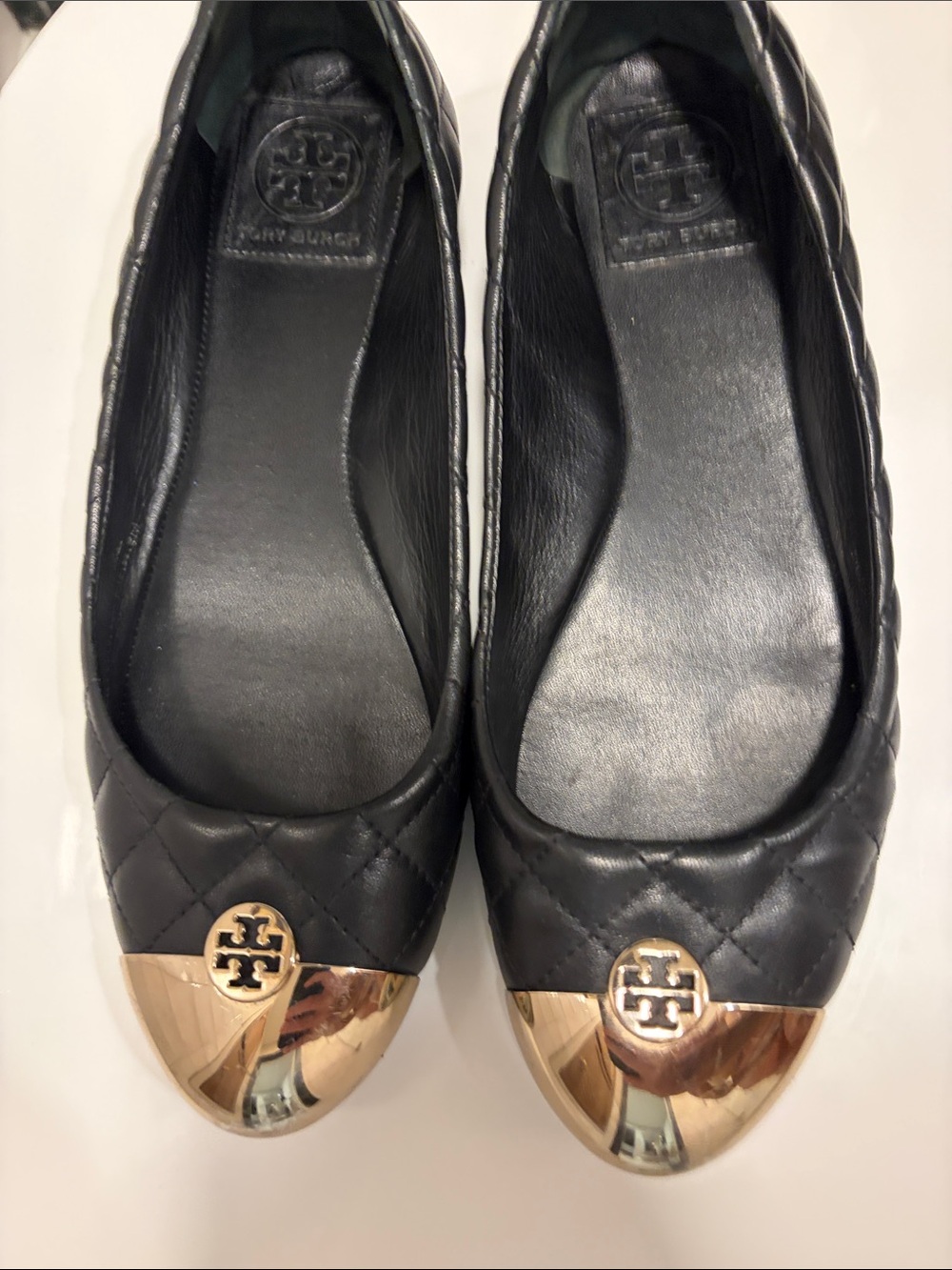 Tory Burch Black Quilted Leather Flats with Gold Cap Toe Logo